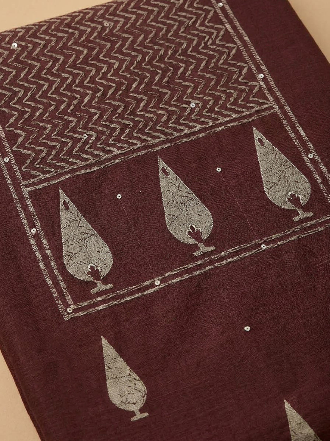 Maroon Chanderi Embroidered Unstitched Dress Material