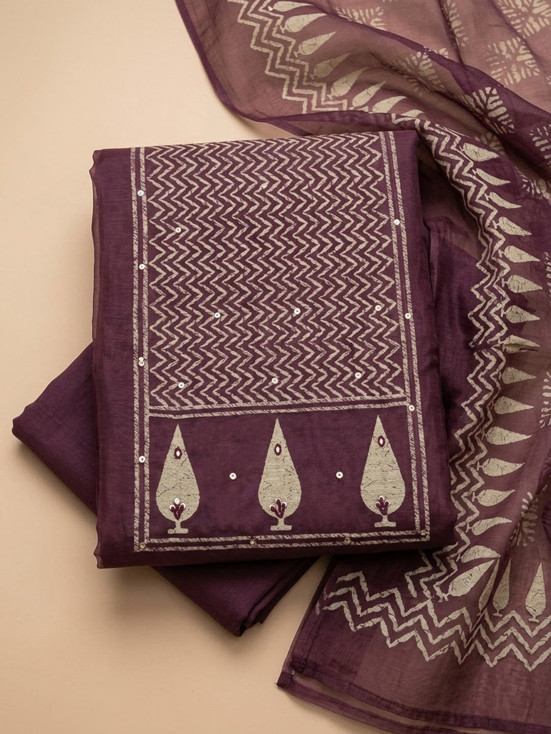 Purple Chanderi Embroidered Unstitched Dress Material