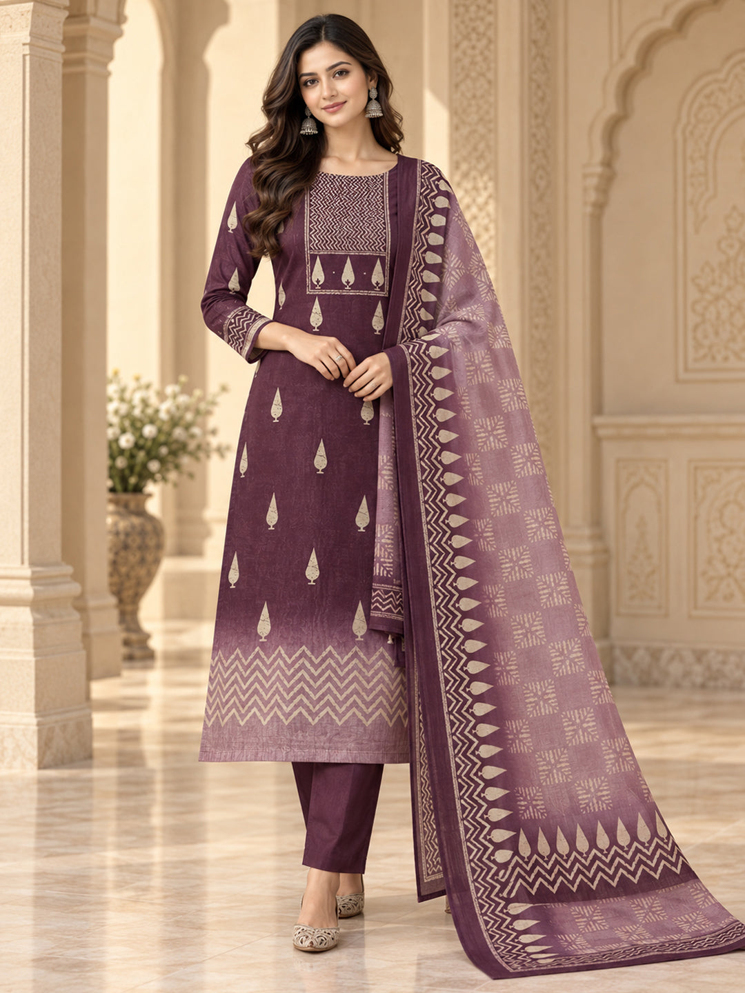Purple Chanderi Embroidered Unstitched Dress Material