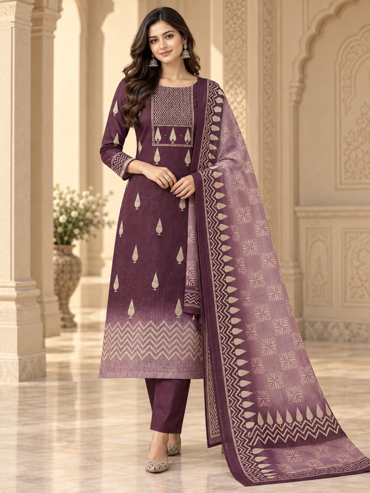 Purple Chanderi Embroidered Unstitched Dress Material
