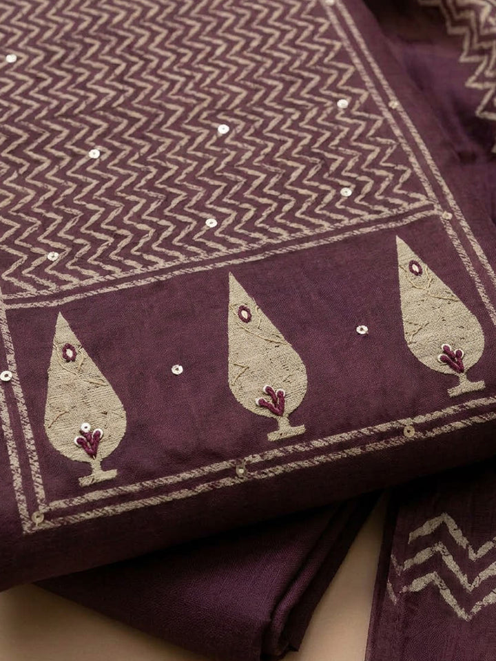 Purple Chanderi Embroidered Unstitched Dress Material