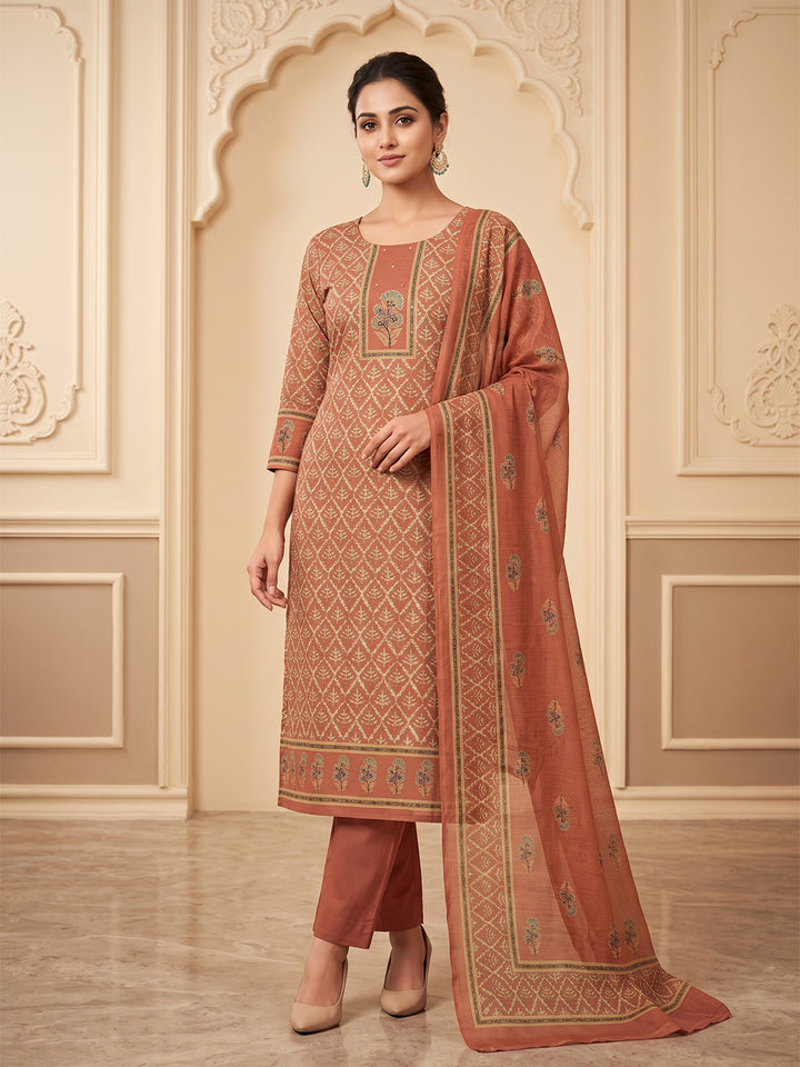 Rust Chanderi Printed Unstitched Dress Material