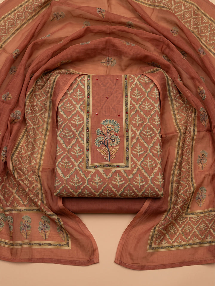 Rust Chanderi Printed Unstitched Dress Material