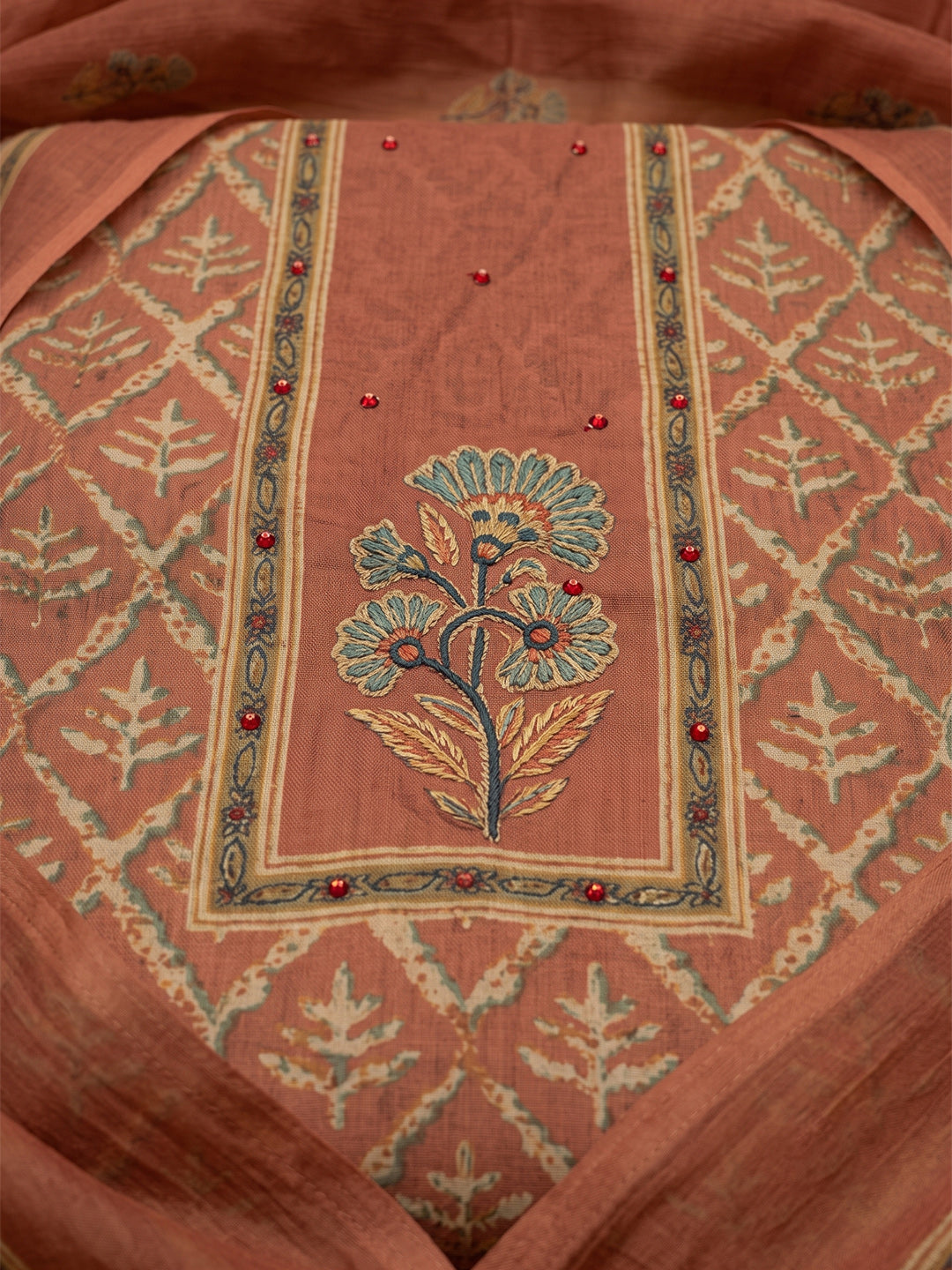 Rust Chanderi Printed Unstitched Dress Material