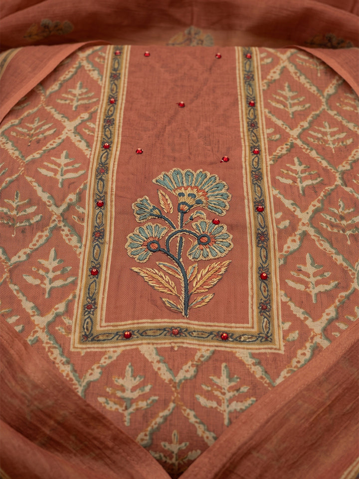 Rust Chanderi Printed Unstitched Dress Material
