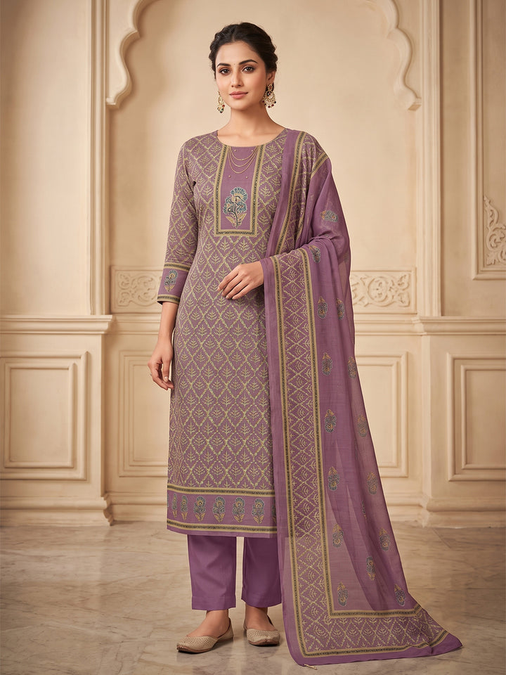 Wine Chanderi Printed Unstitched Dress Material