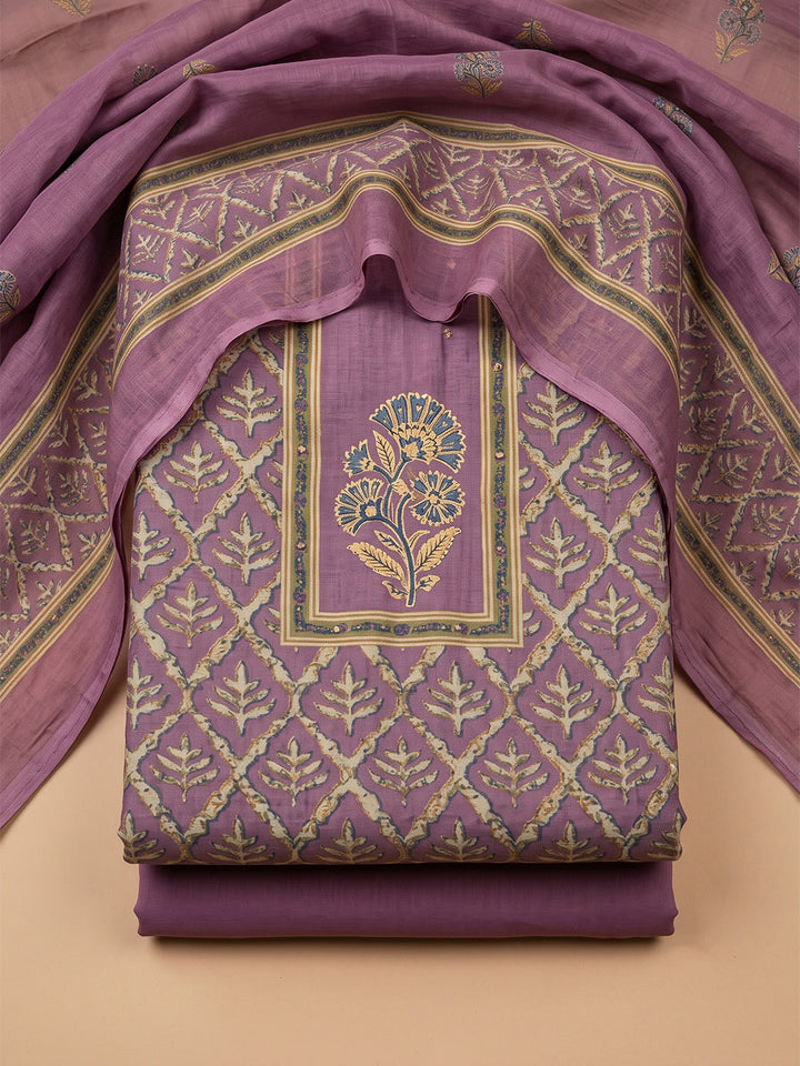Wine Chanderi Printed Unstitched Dress Material
