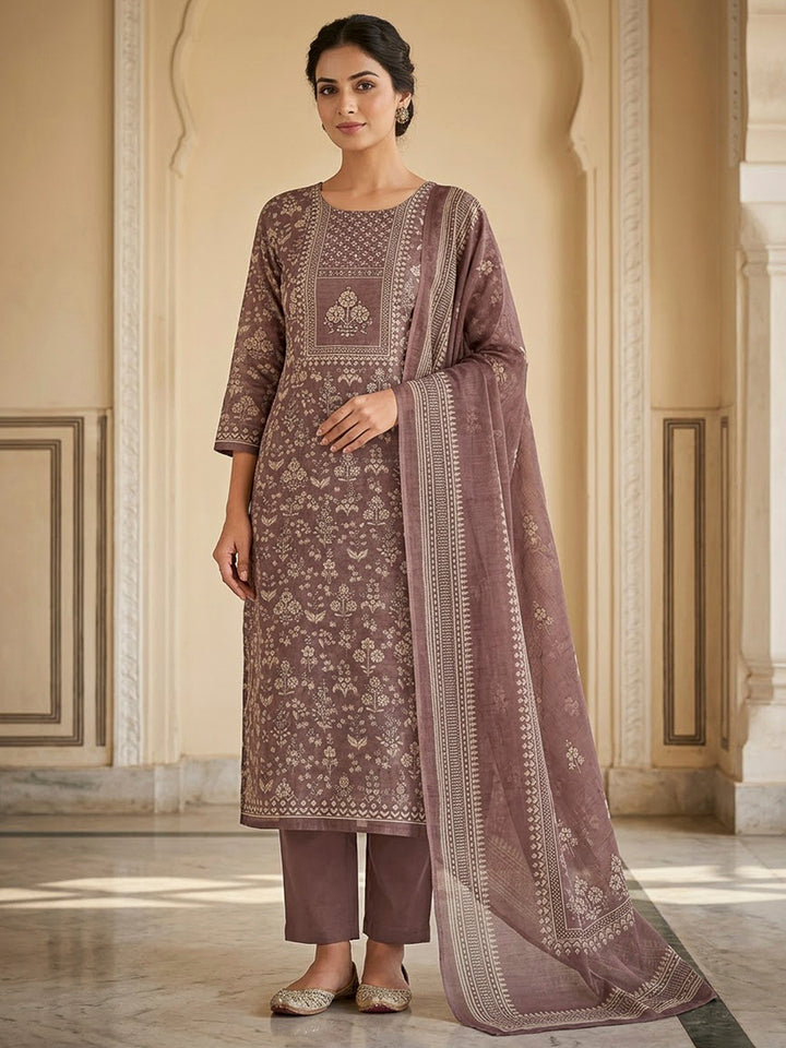 Brown Chanderi Printed Unstitched Dress Material