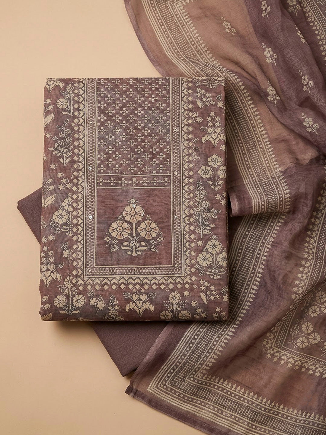 Brown Chanderi Printed Unstitched Dress Material