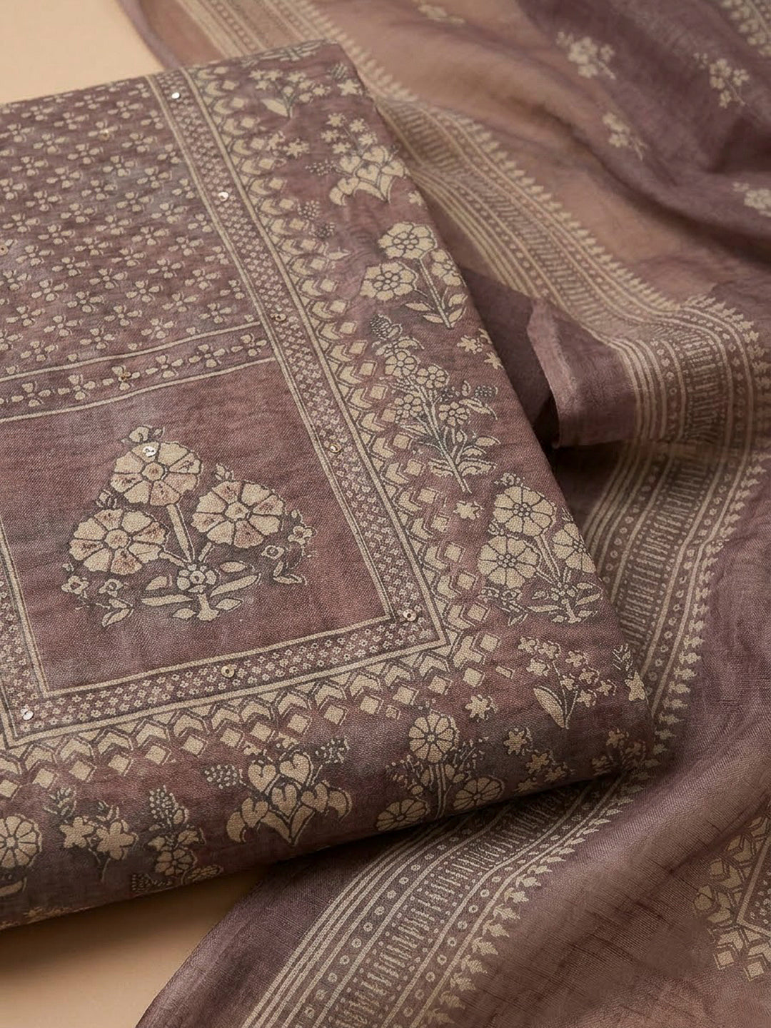 Brown Chanderi Printed Unstitched Dress Material