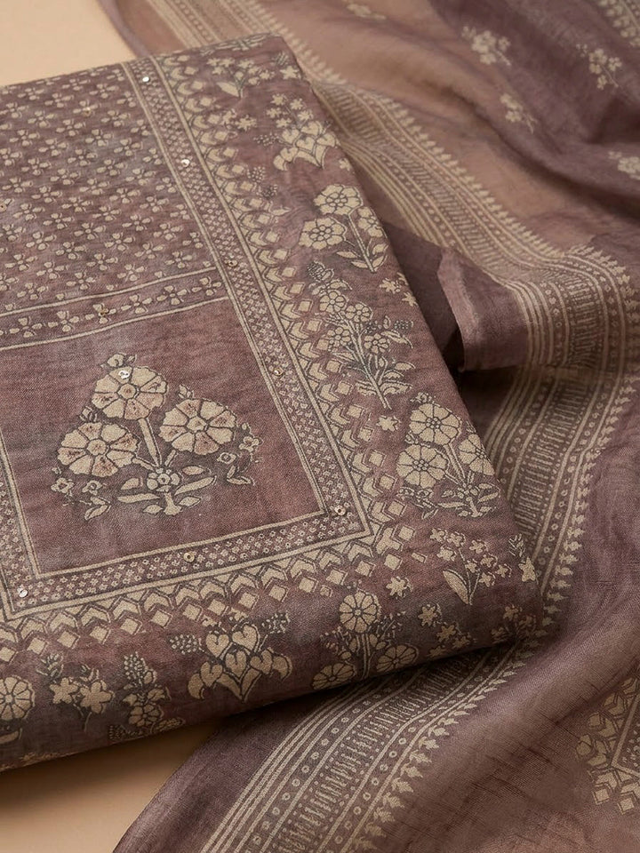Brown Chanderi Printed Unstitched Dress Material
