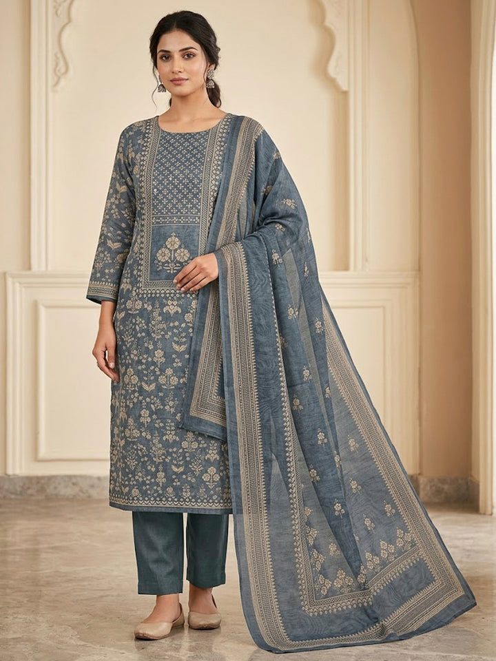 Grey Chanderi Printed Unstitched Dress Material