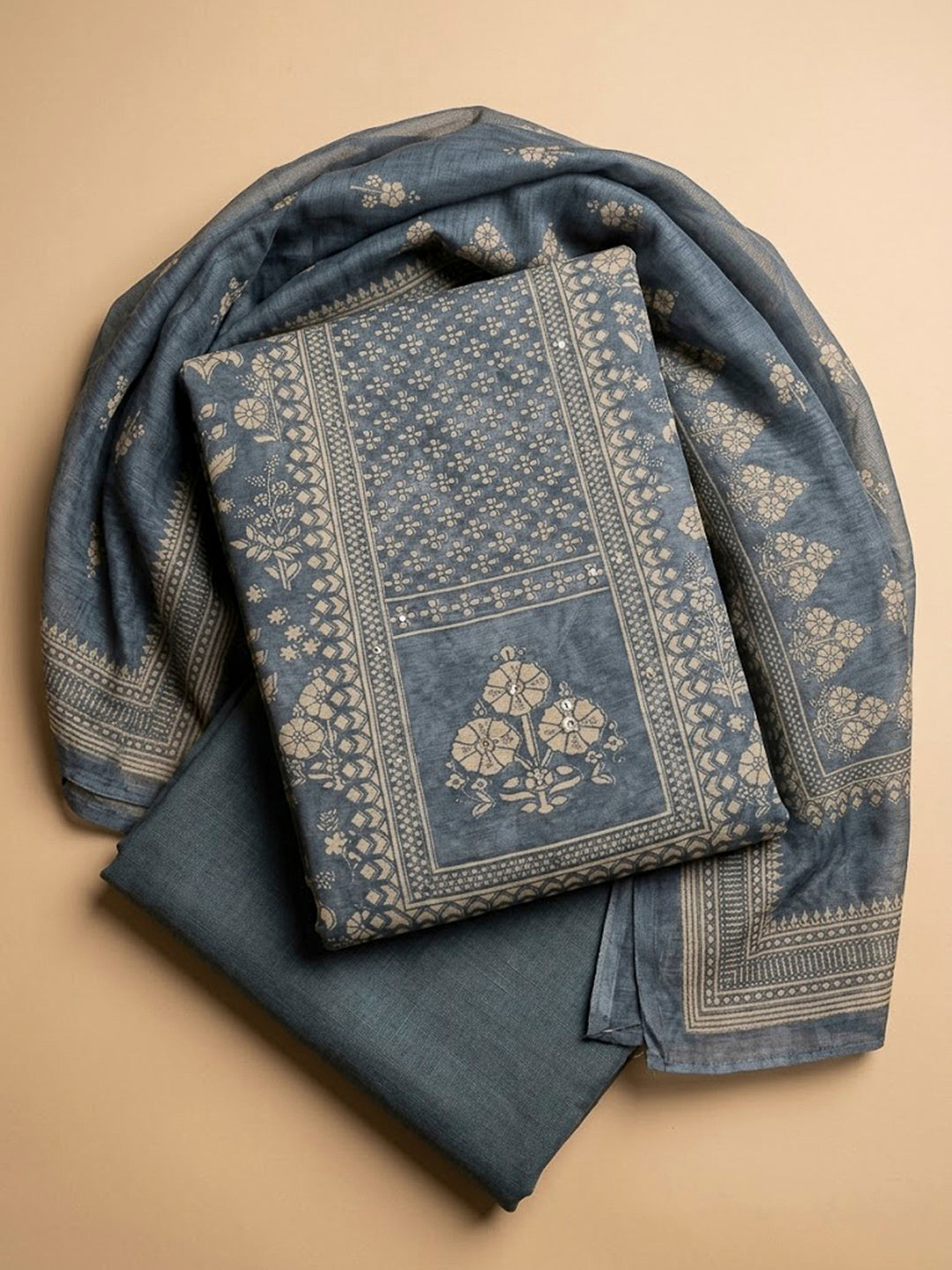 Grey Chanderi Printed Unstitched Dress Material