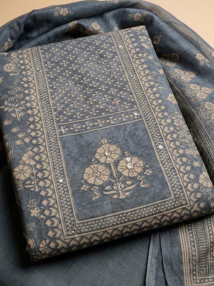 Grey Chanderi Printed Unstitched Dress Material