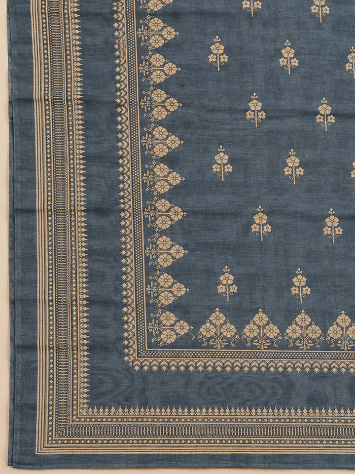 Grey Chanderi Printed Unstitched Dress Material
