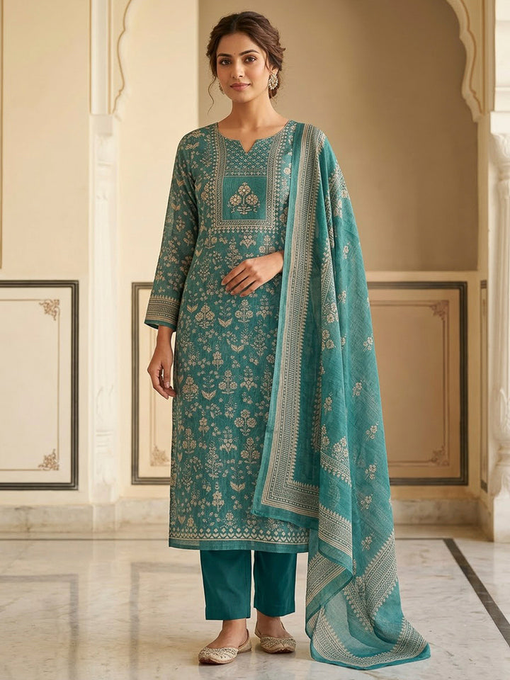 Rama Green Chanderi Printed Unstitched Dress Material