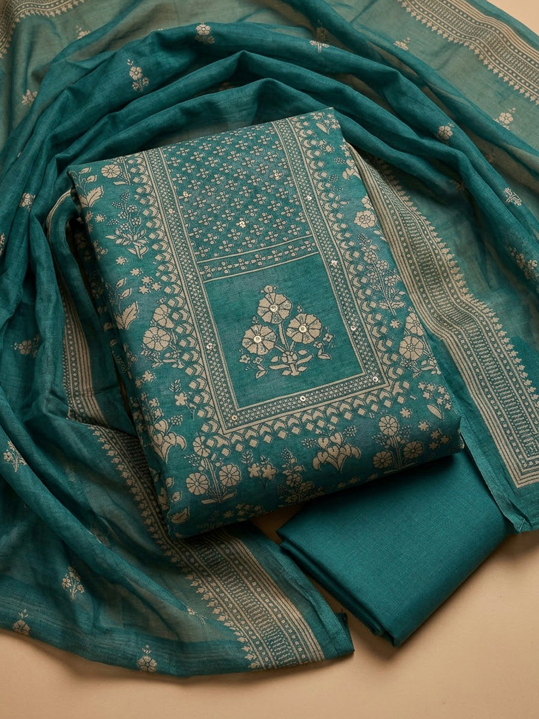Rama Green Chanderi Printed Unstitched Dress Material
