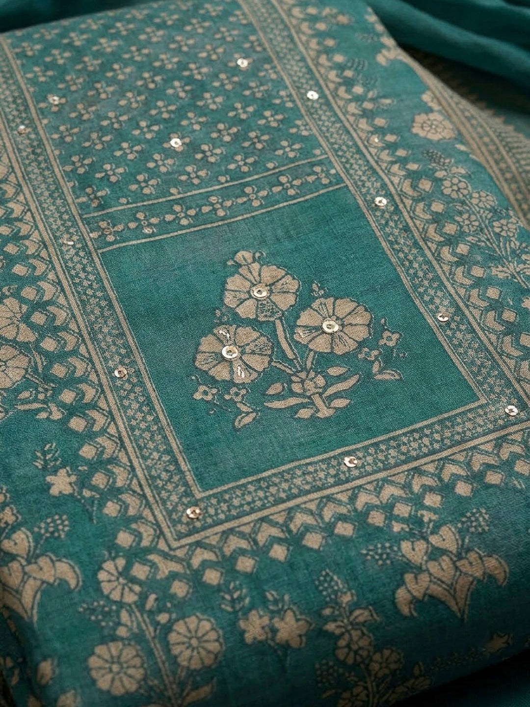 Rama Green Chanderi Printed Unstitched Dress Material