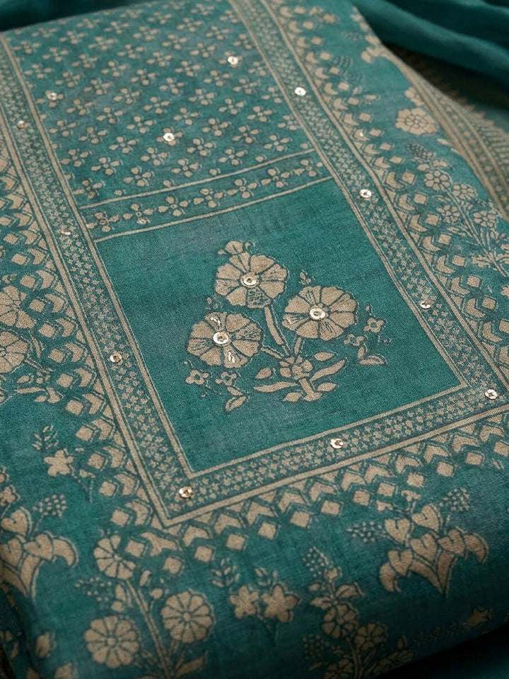 Rama Green Chanderi Printed Unstitched Dress Material