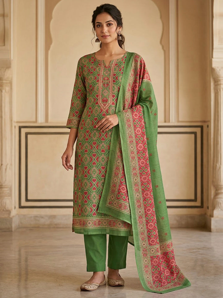 Green Chanderi Printed Unstitched Dress Material