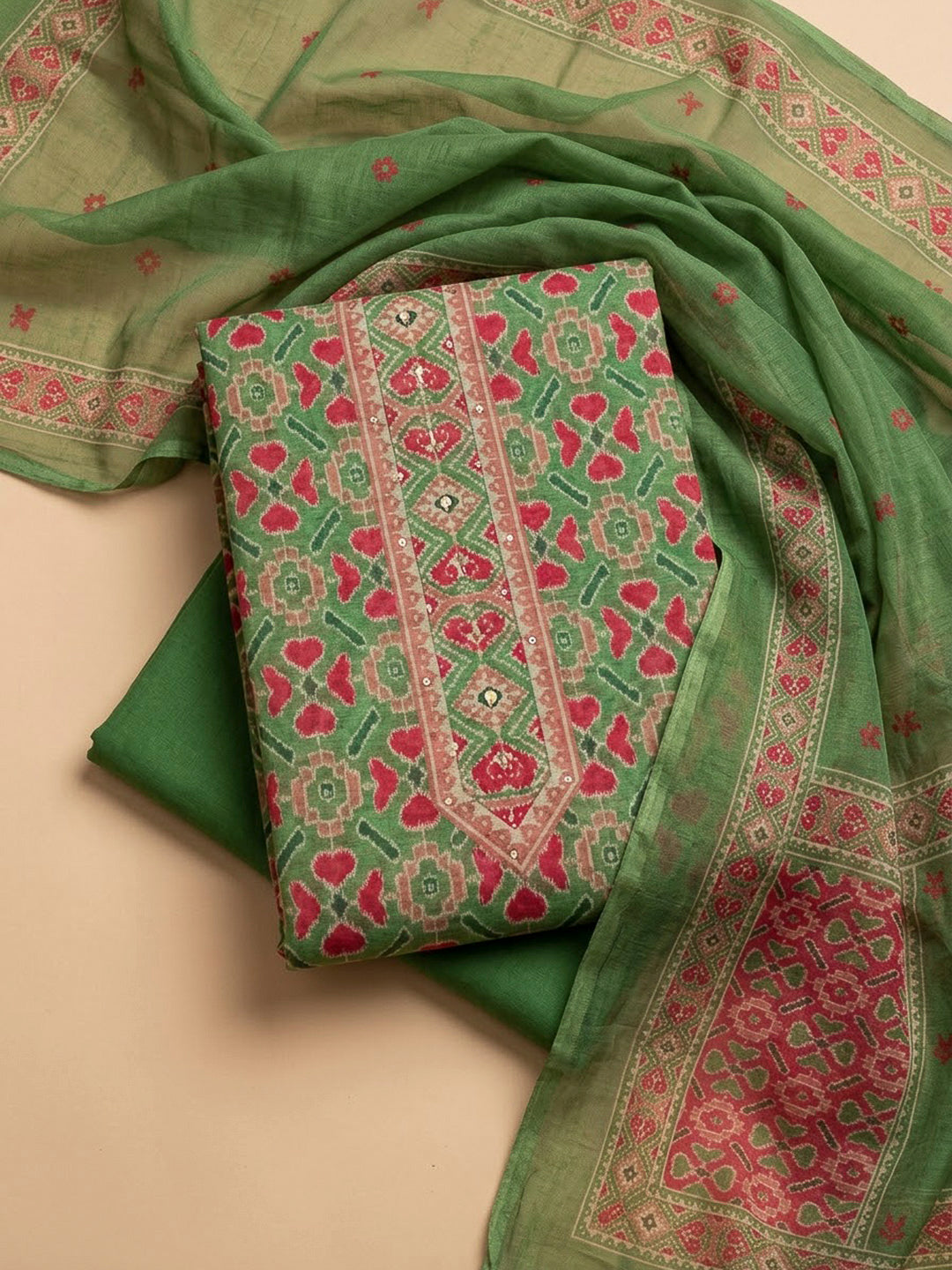 Green Chanderi Printed Unstitched Dress Material