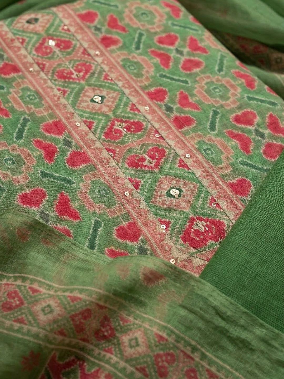 Green Chanderi Printed Unstitched Dress Material