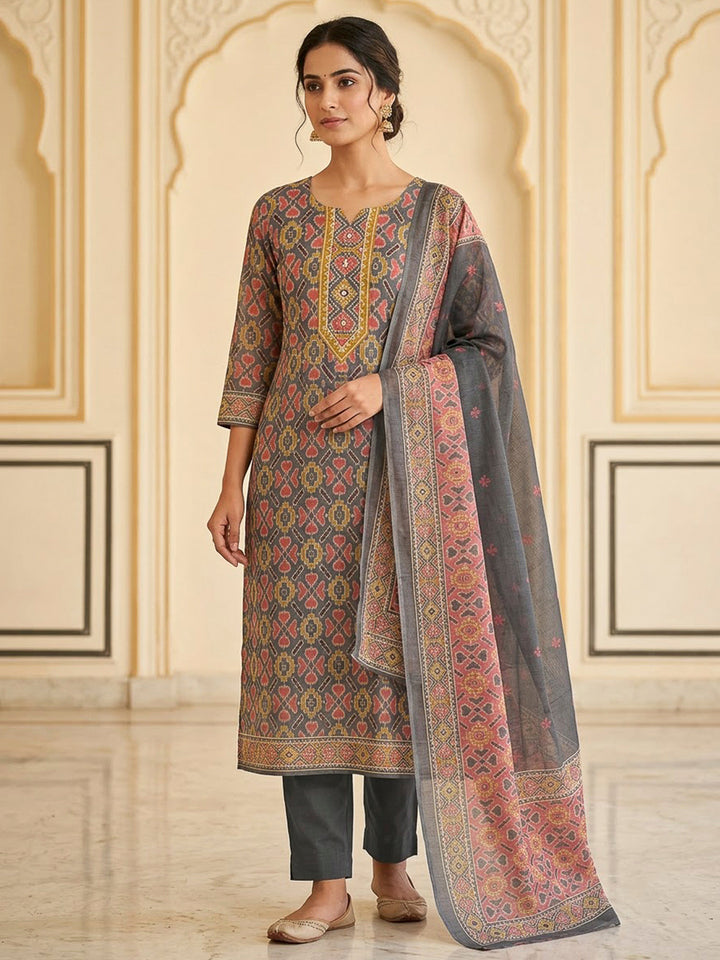 Grey Chanderi Printed Unstitched Dress Material