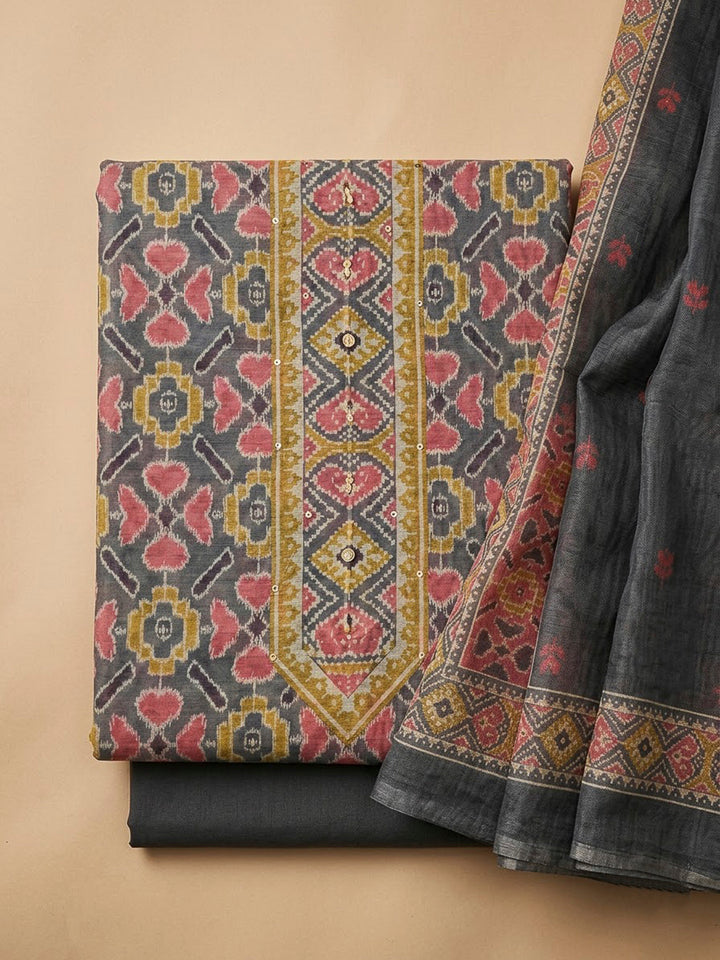 Grey Chanderi Printed Unstitched Dress Material