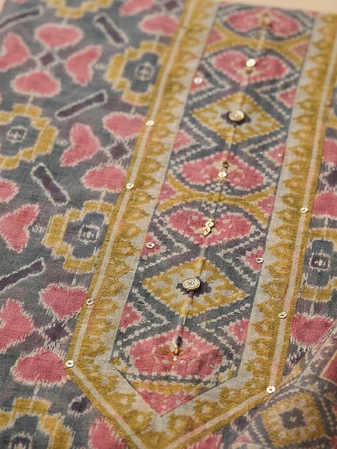 Grey Chanderi Printed Unstitched Dress Material