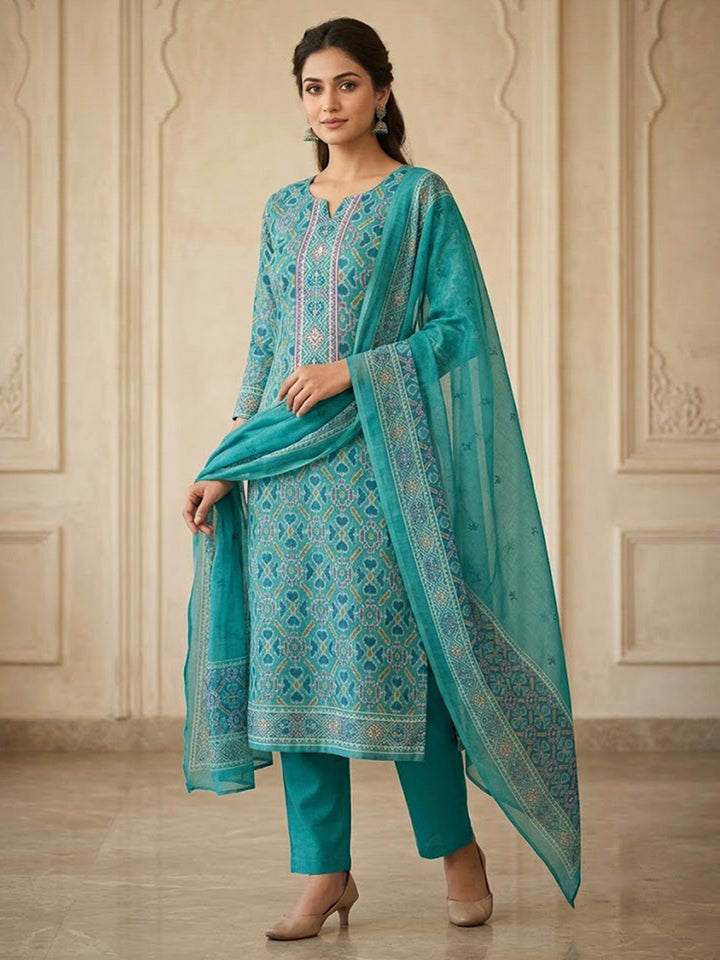 Rama Green Chanderi Printed Unstitched Dress Material