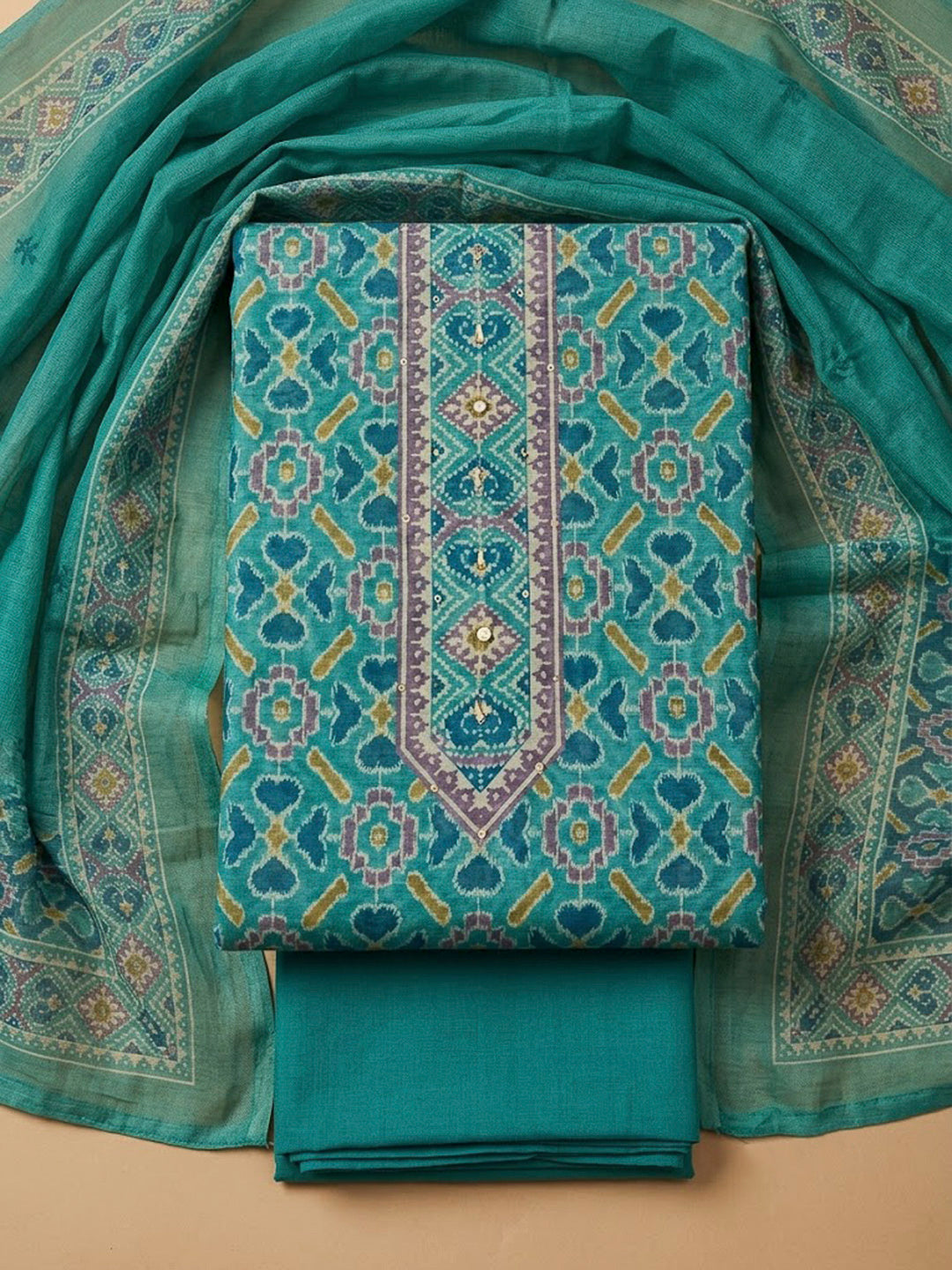 Rama Green Chanderi Printed Unstitched Dress Material