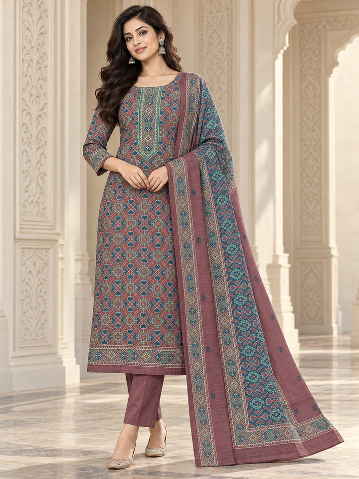 Wine Chanderi Printed Unstitched Dress Material