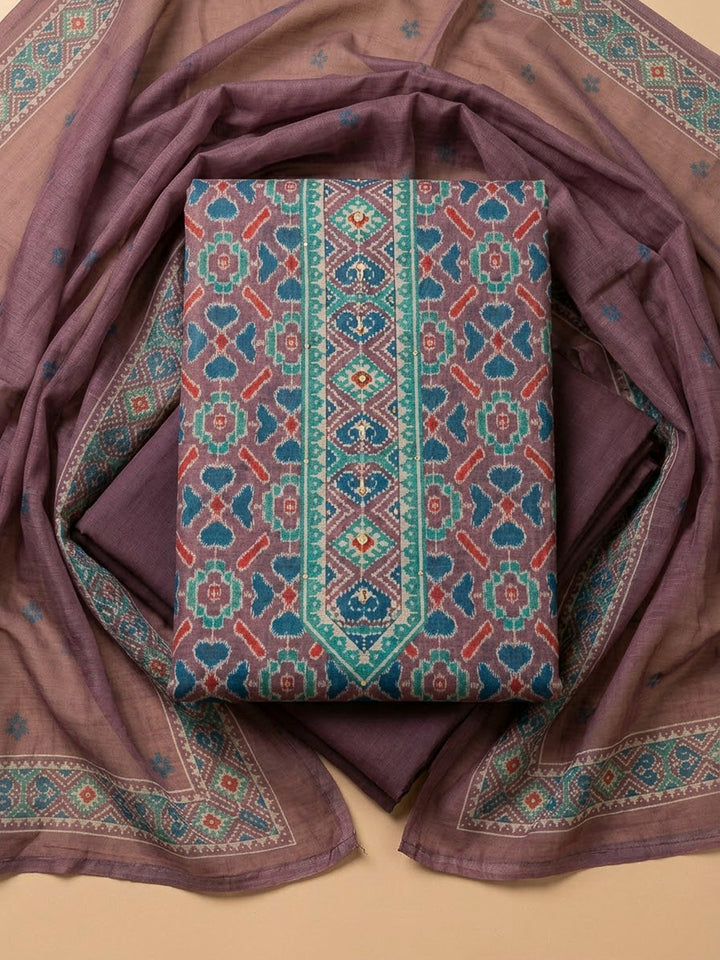 Wine Chanderi Printed Unstitched Dress Material