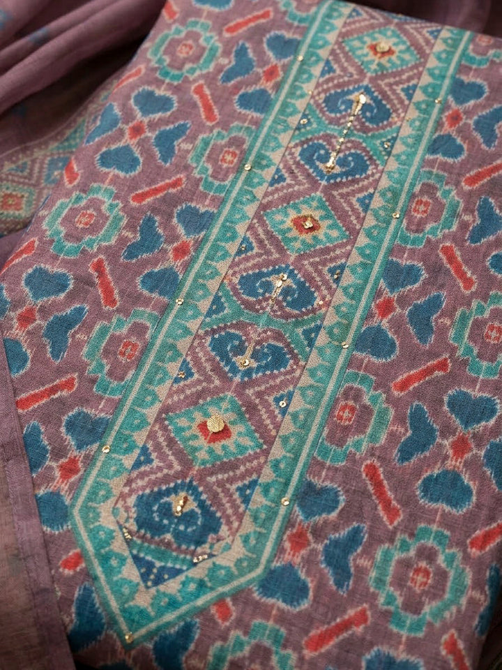 Wine Chanderi Printed Unstitched Dress Material