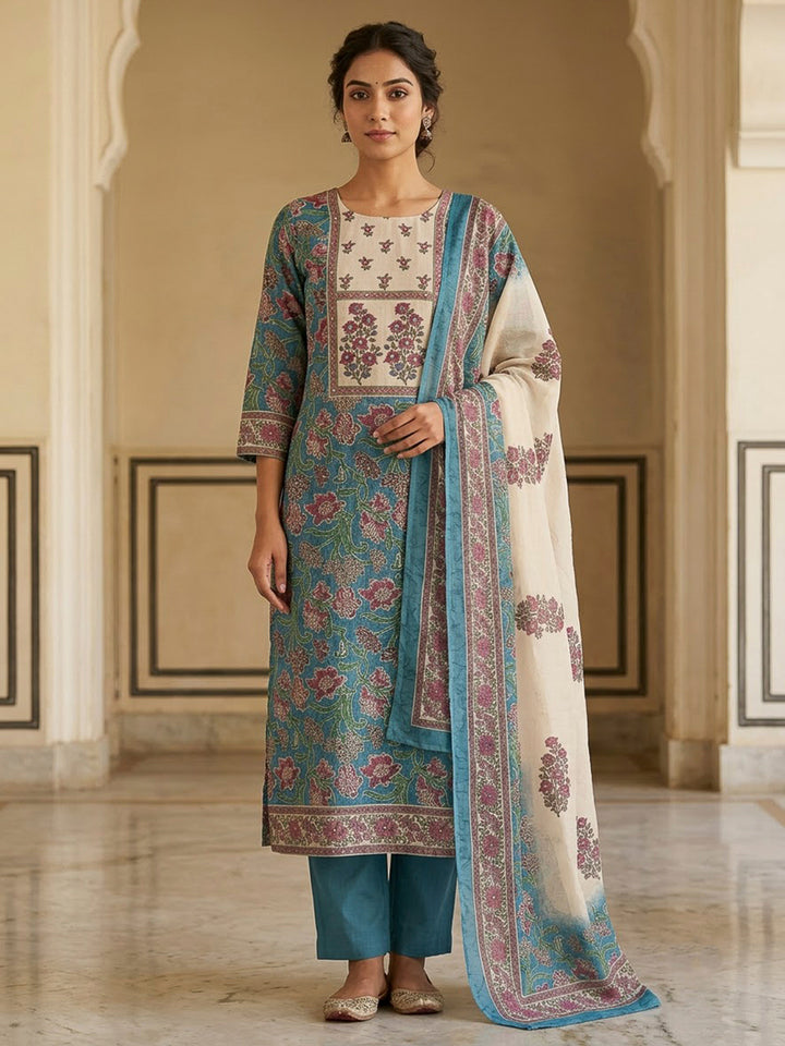 Blue Chanderi Embroidered Unstitched Dress Material