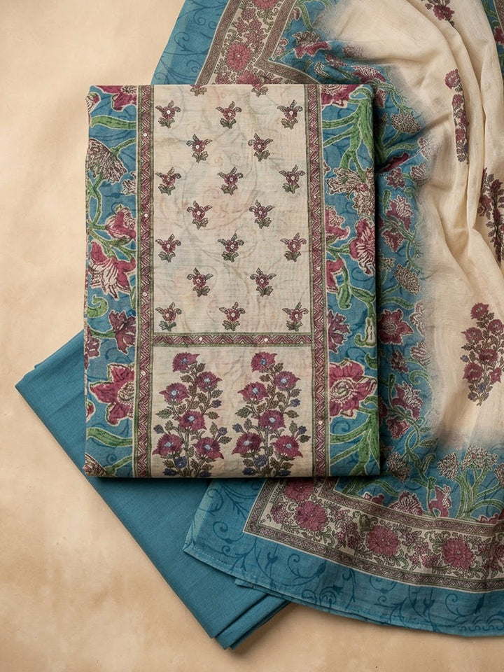 Blue Chanderi Embroidered Unstitched Dress Material
