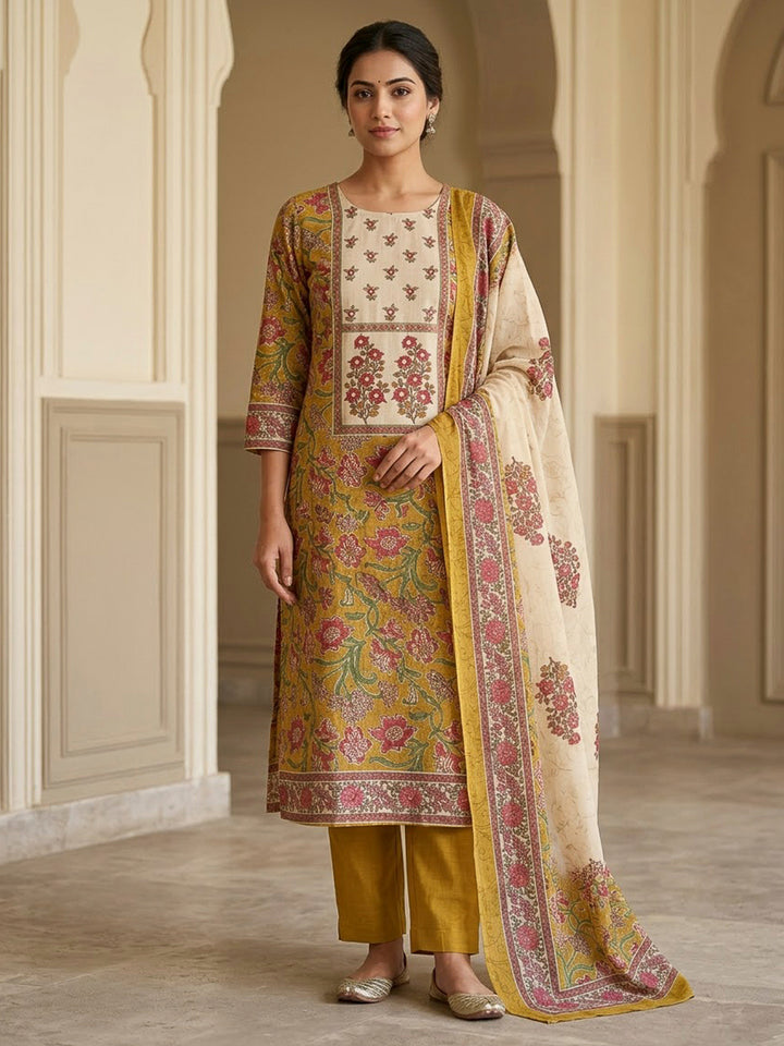Mustard Chanderi Embroidered Unstitched Dress Material