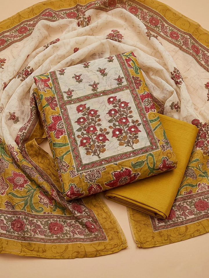 Mustard Chanderi Embroidered Unstitched Dress Material