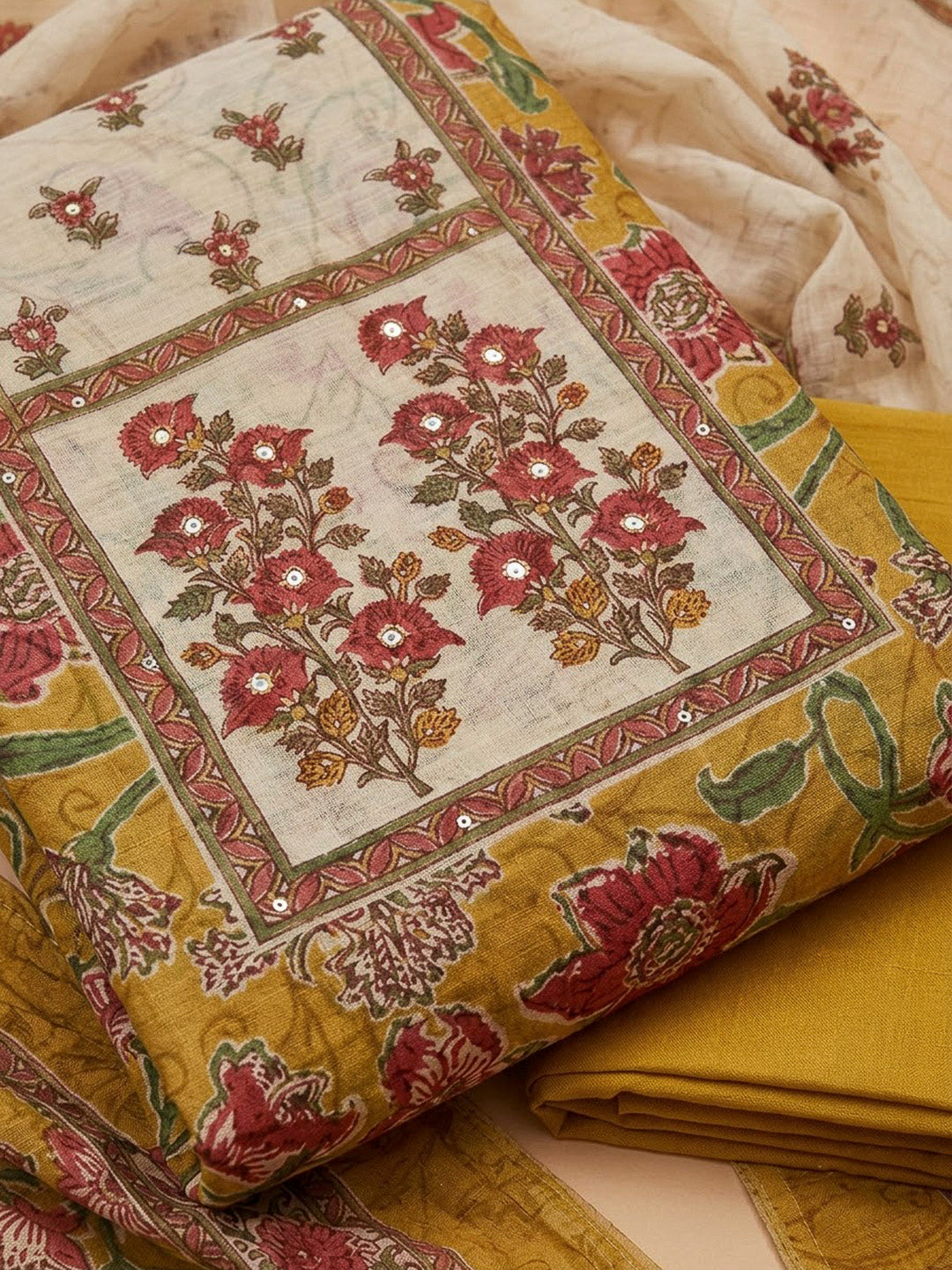 Mustard Chanderi Embroidered Unstitched Dress Material