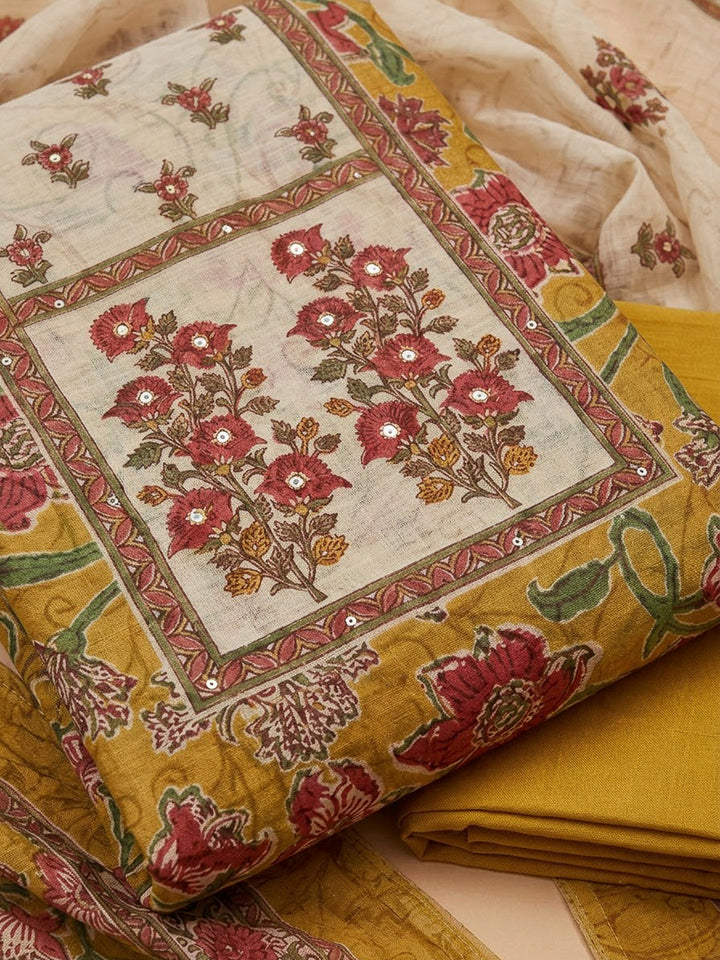 Mustard Chanderi Embroidered Unstitched Dress Material