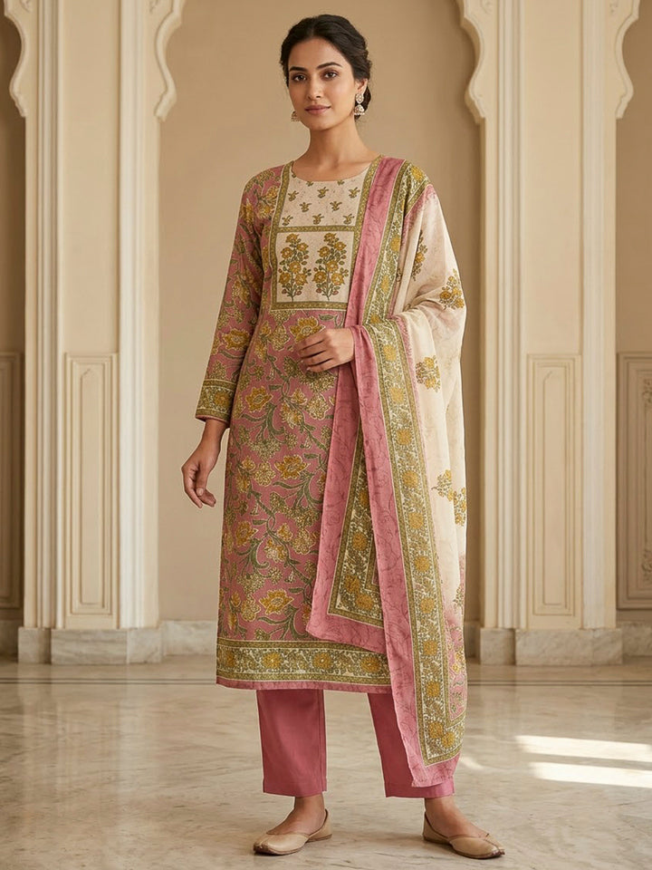 Peach Chanderi Embroidered Unstitched Dress Material