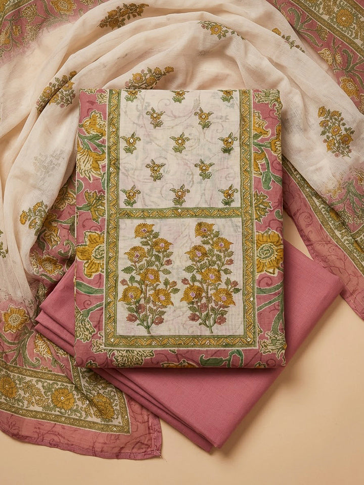 Peach Chanderi Embroidered Unstitched Dress Material