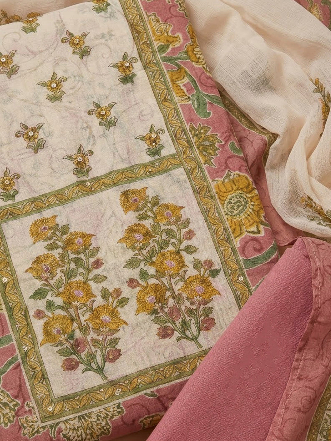 Peach Chanderi Embroidered Unstitched Dress Material