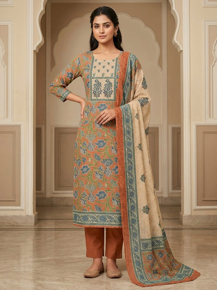 Rust Chanderi Embroidered Unstitched Dress Material
