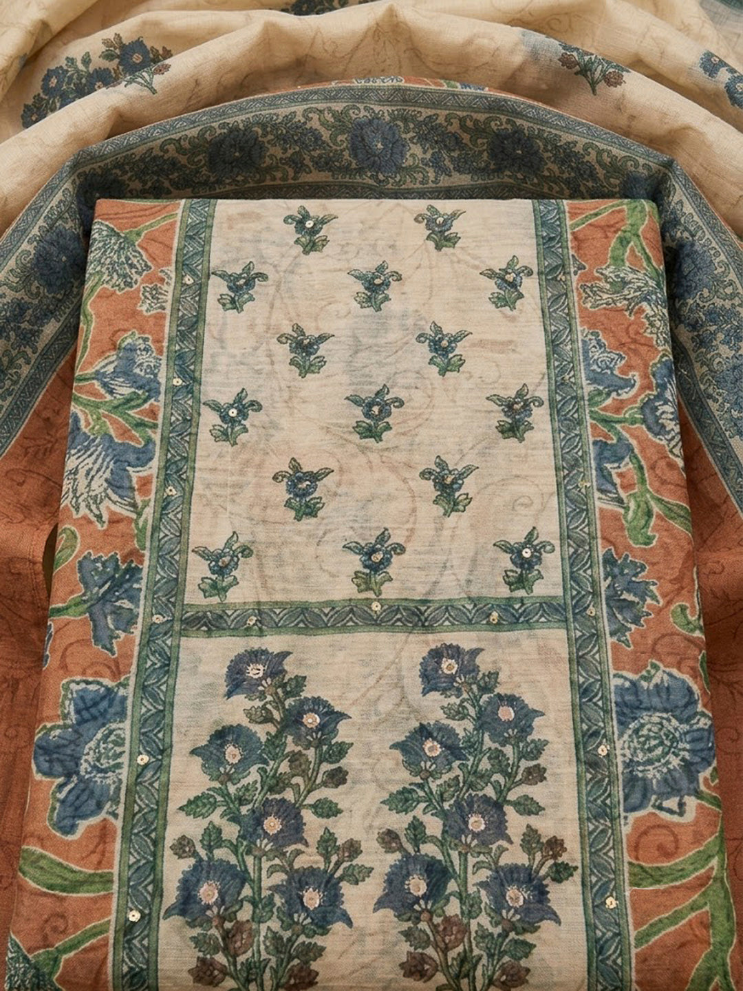 Rust Chanderi Embroidered Unstitched Dress Material