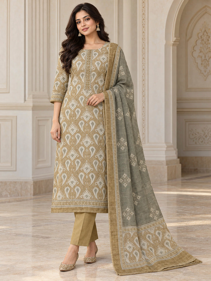 Beige Chanderi Printed Unstitched Dress Material