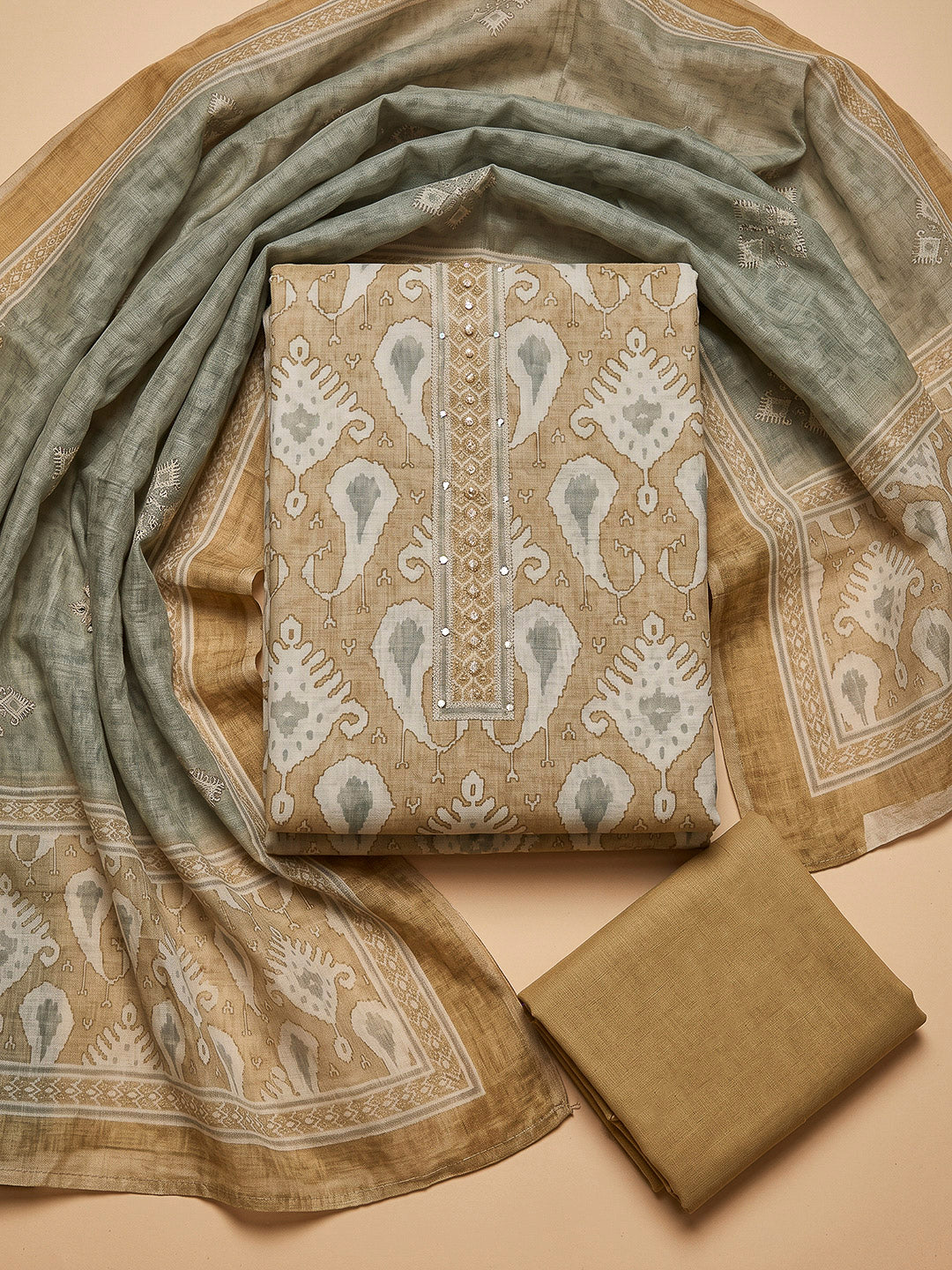 Beige Chanderi Printed Unstitched Dress Material