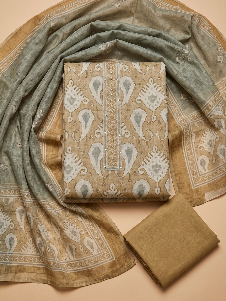 Beige Chanderi Printed Unstitched Dress Material