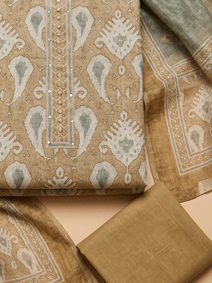 Beige Chanderi Printed Unstitched Dress Material