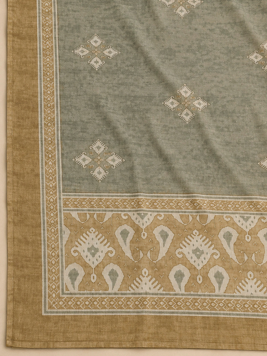 Beige Chanderi Printed Unstitched Dress Material